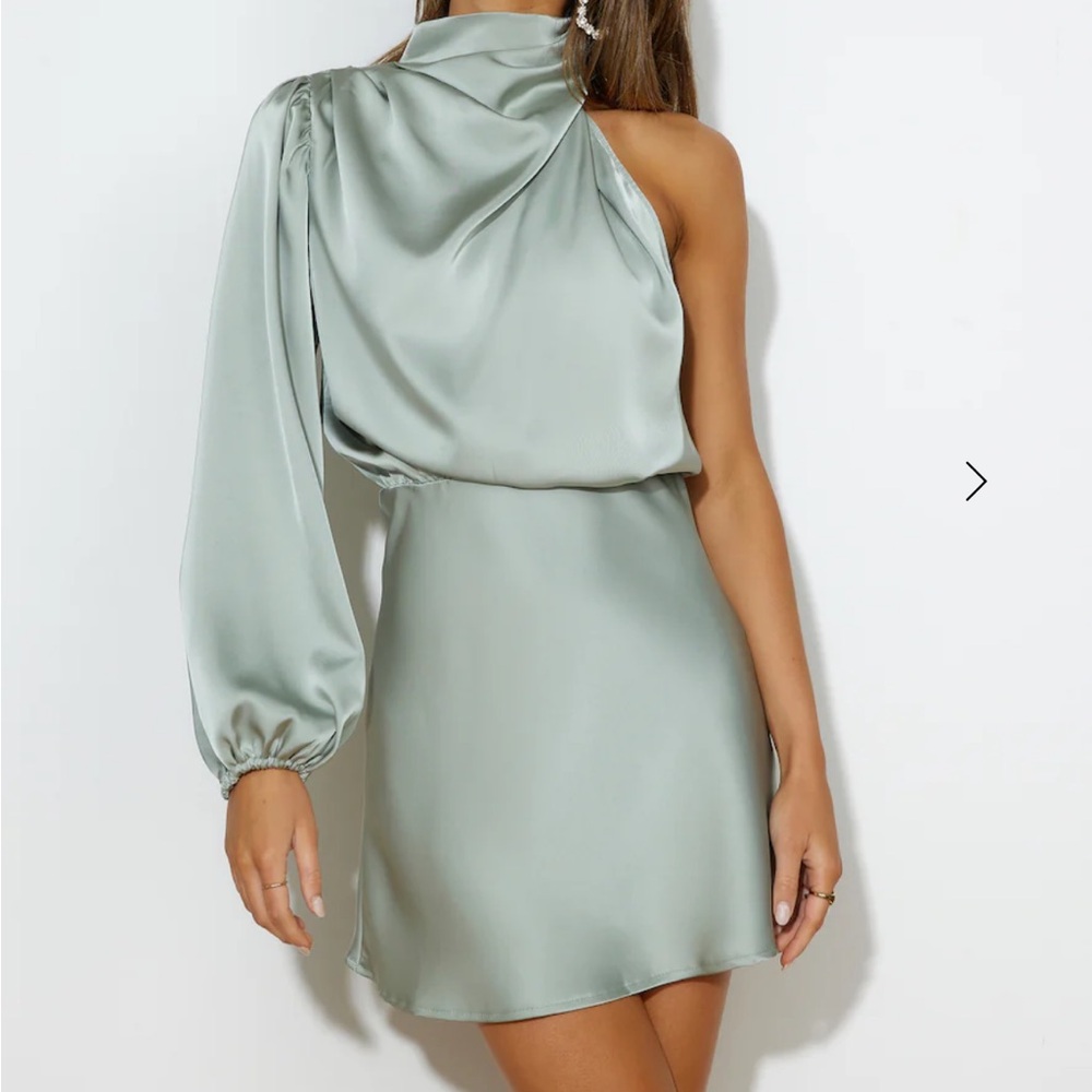 Hello Molly One-Shoulder Satin Dress in Light Green